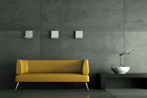 3d Rendering gelbes Ledersofa vor Betonwand