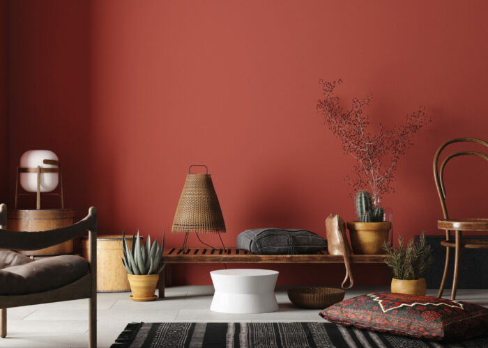 Rustic Home interior mockup with bench,chairs and decor in red r